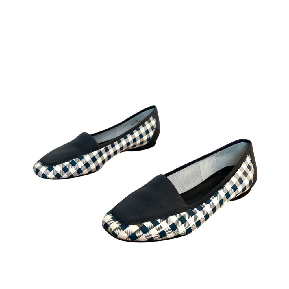 Donald Pliner Blue Gingham Plaid Square Toe Leather Loafers Sz 7.5 Slip On Prep